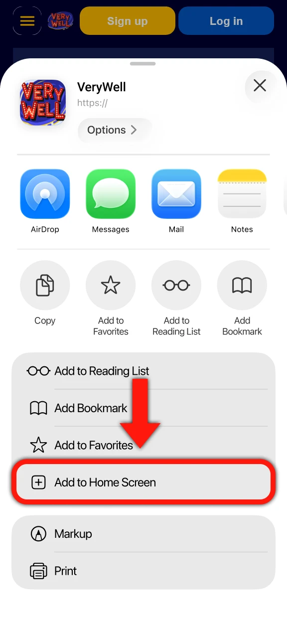 Add the VeryWell shortcut by choosing the add to homescreen option in the menu.