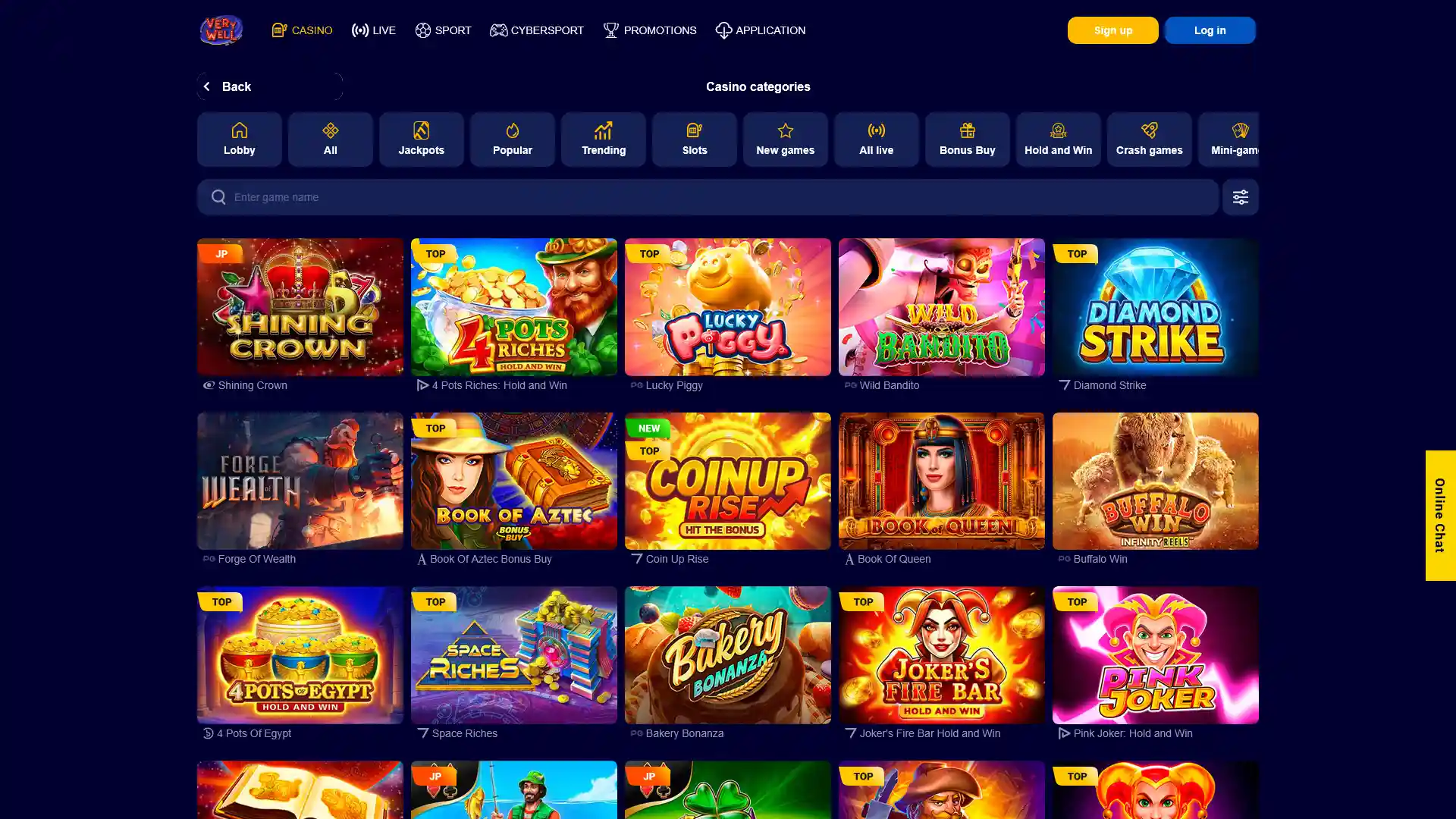 Explore the vibrant VeryWell casino lobby and play your favourite online games.