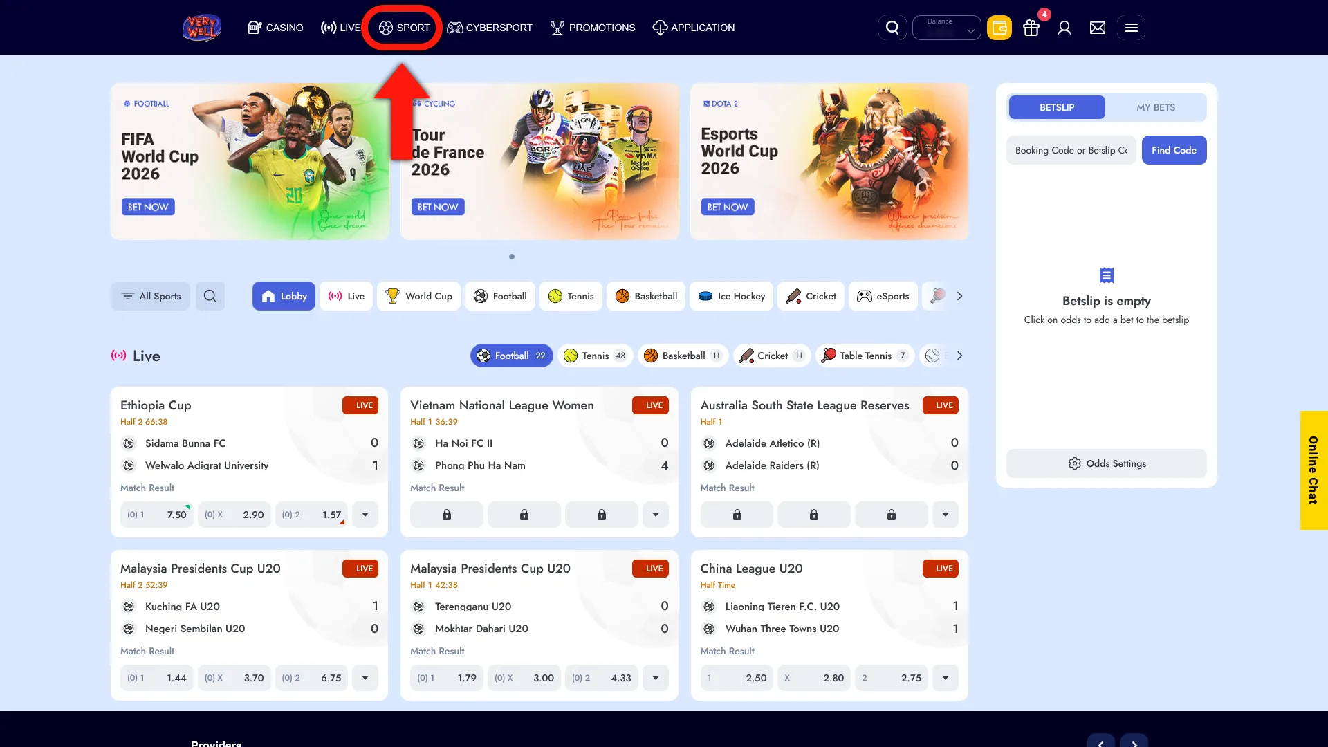 Navigate to the VeryWell sportsbook to explore available pre-match betting events.