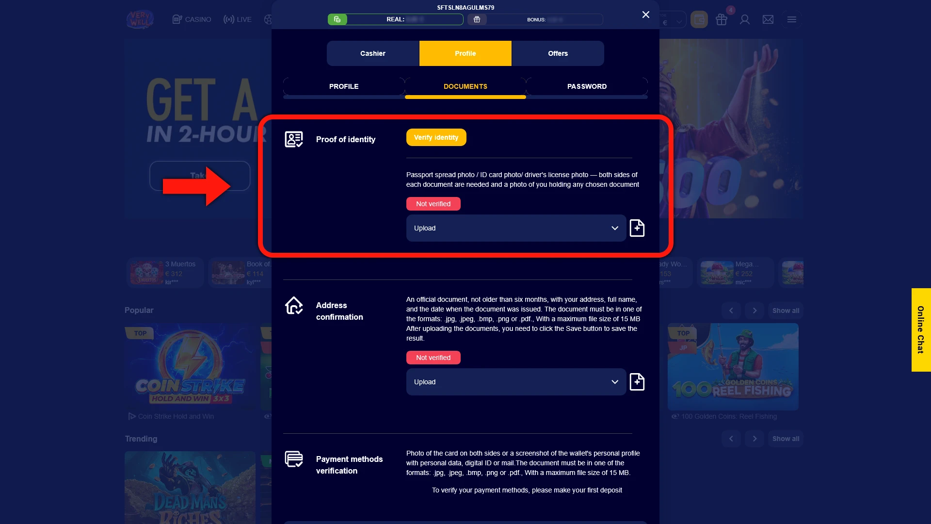 Submit identity documents to verify your profile on the VeryWell platform.